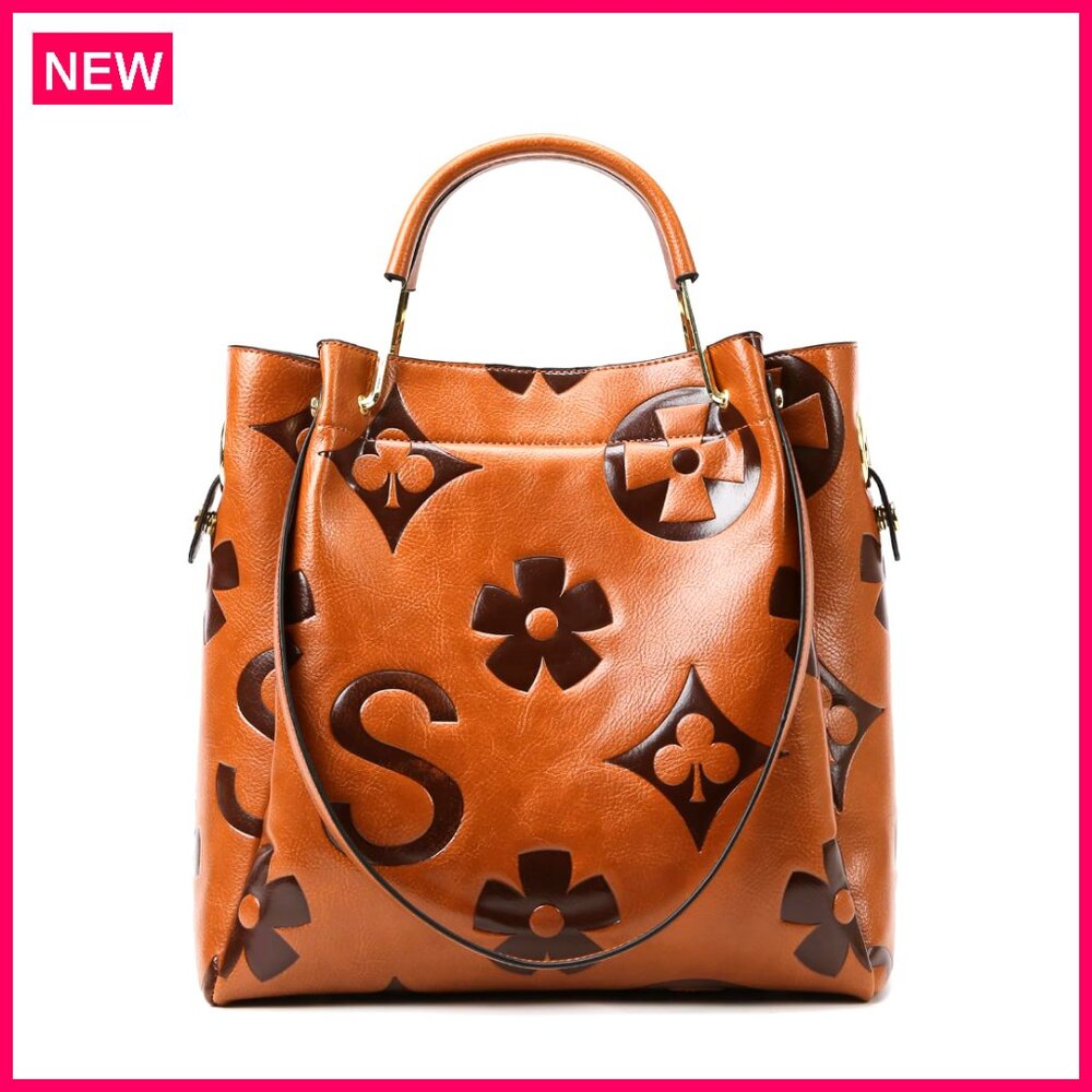 Large Leather Floral Top Handle Shoulder Bag With Detachable Inner Pouch